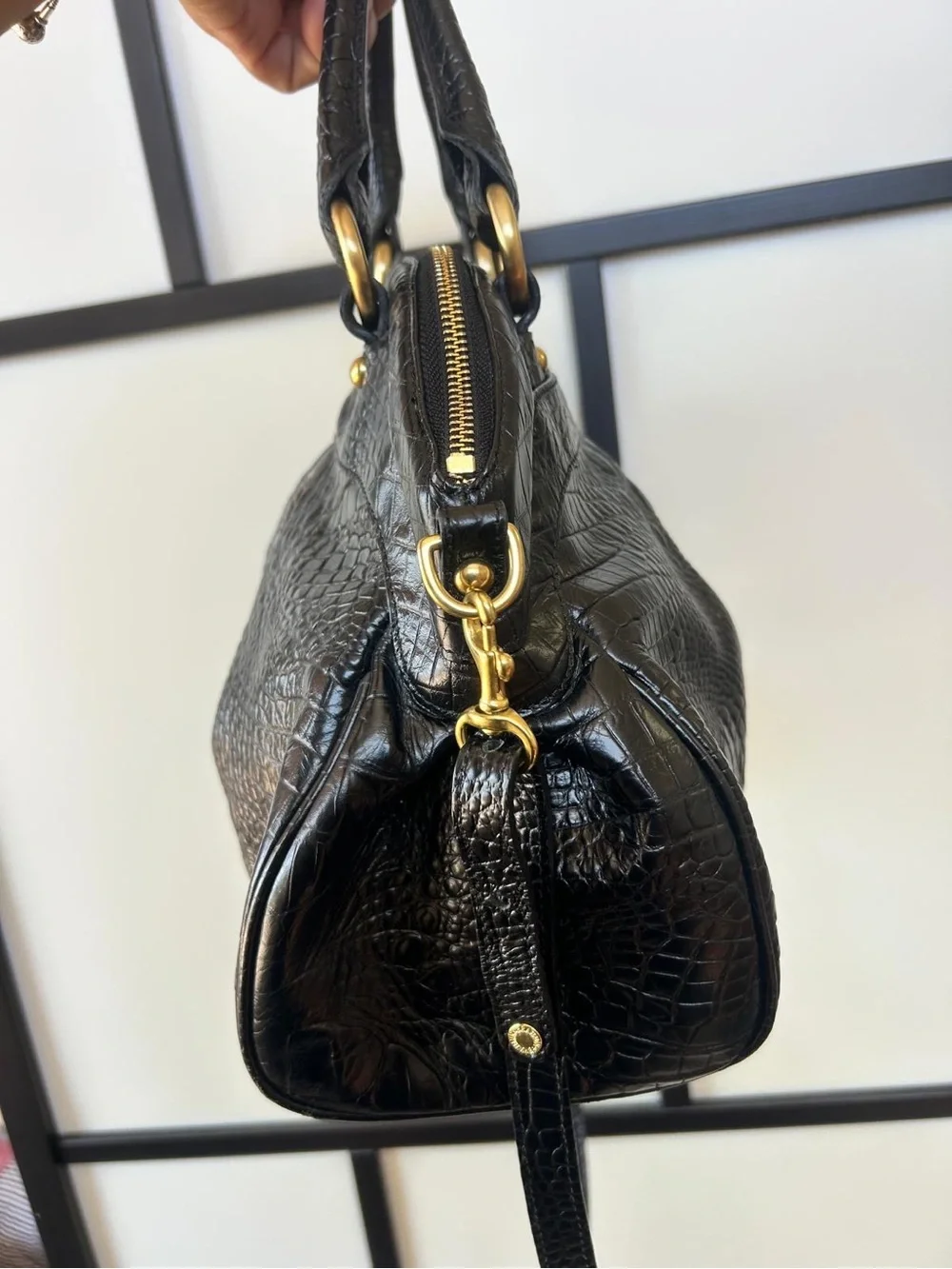 Brahmin Black Croc-Embossed Leather Satchel with Gold Hardware